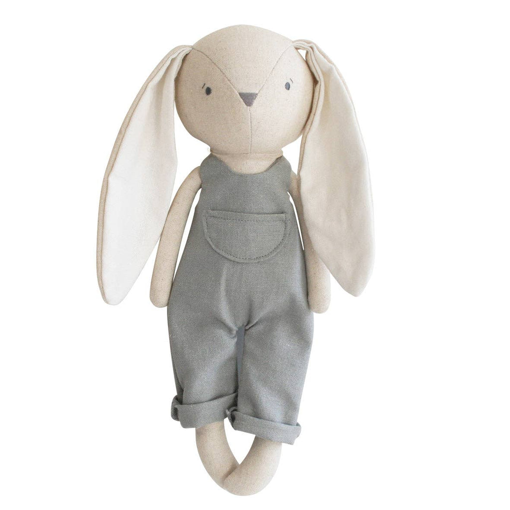 Grey linen bunny soft toy with long floppy ears displayed on a white background.