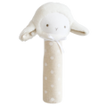 Lamb hand squeaker toy sitting upright on neutral background, soft cotton texture visible.