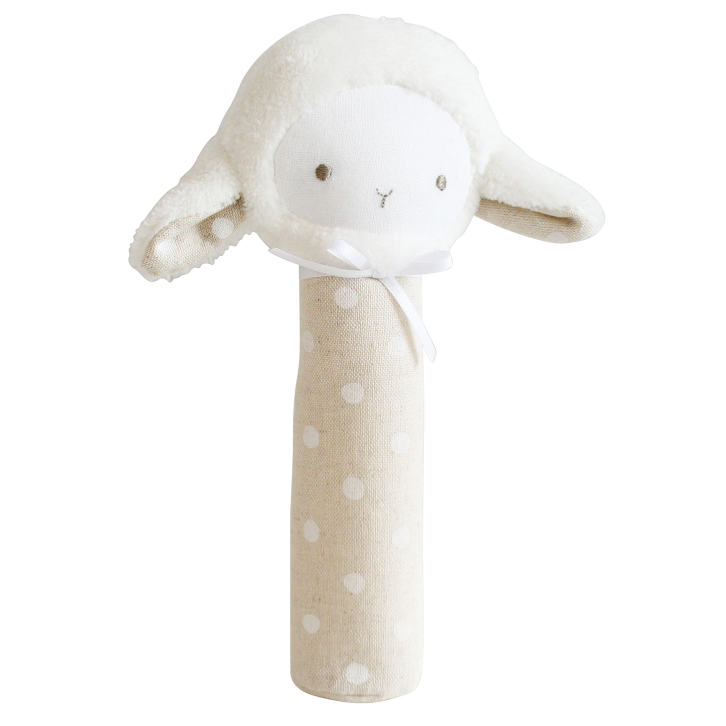 Lamb hand squeaker toy sitting upright on neutral background, soft cotton texture visible.