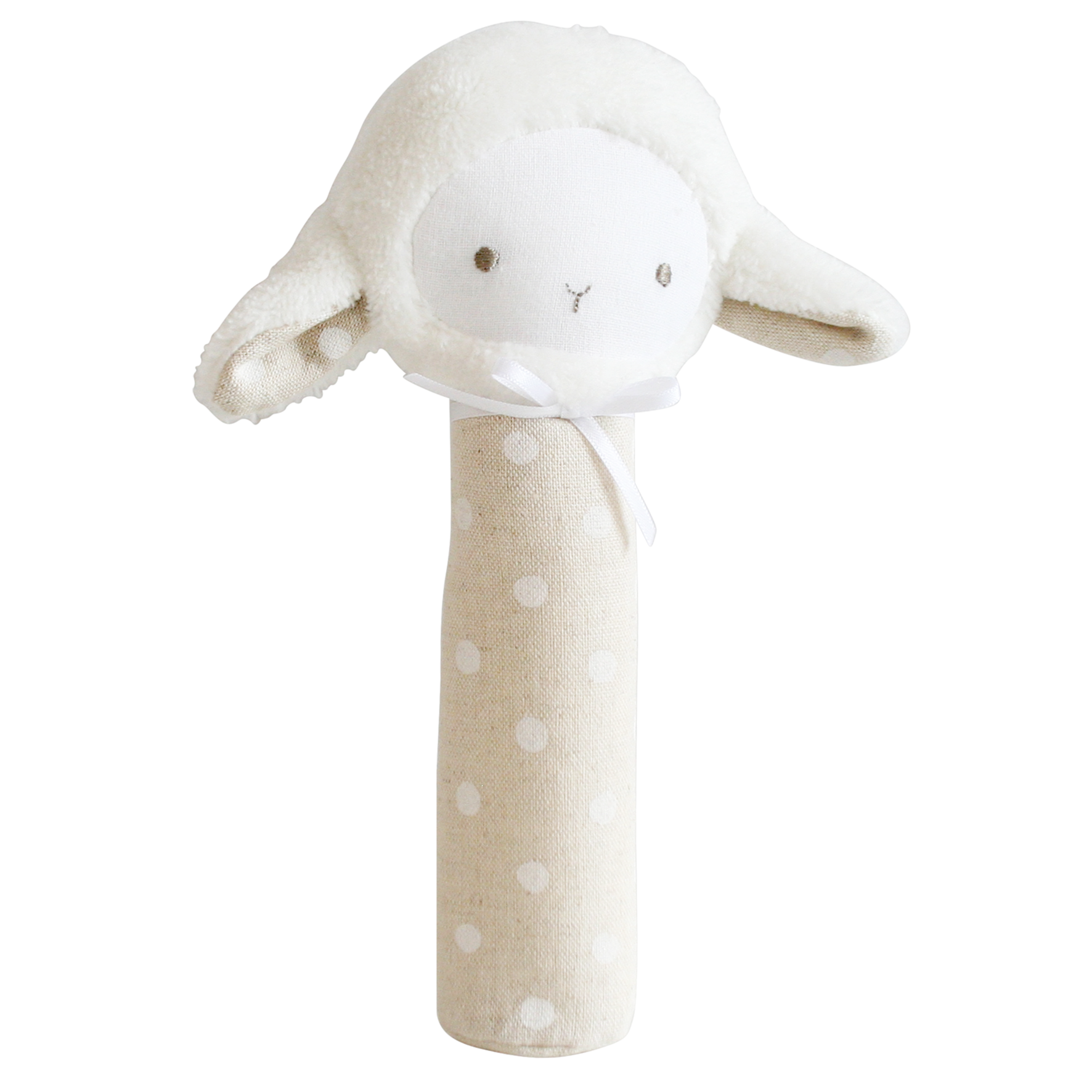 Lamb hand squeaker toy sitting upright on neutral background, soft cotton texture visible.