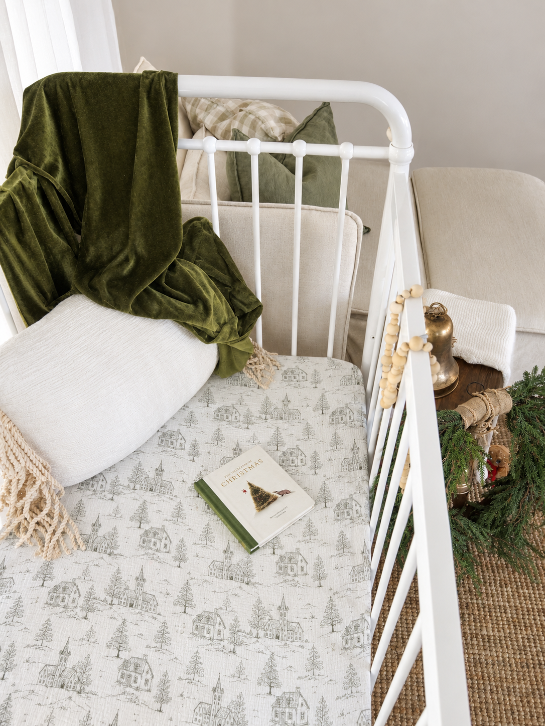 Christmas Toile Organic Muslin Cot Sheet