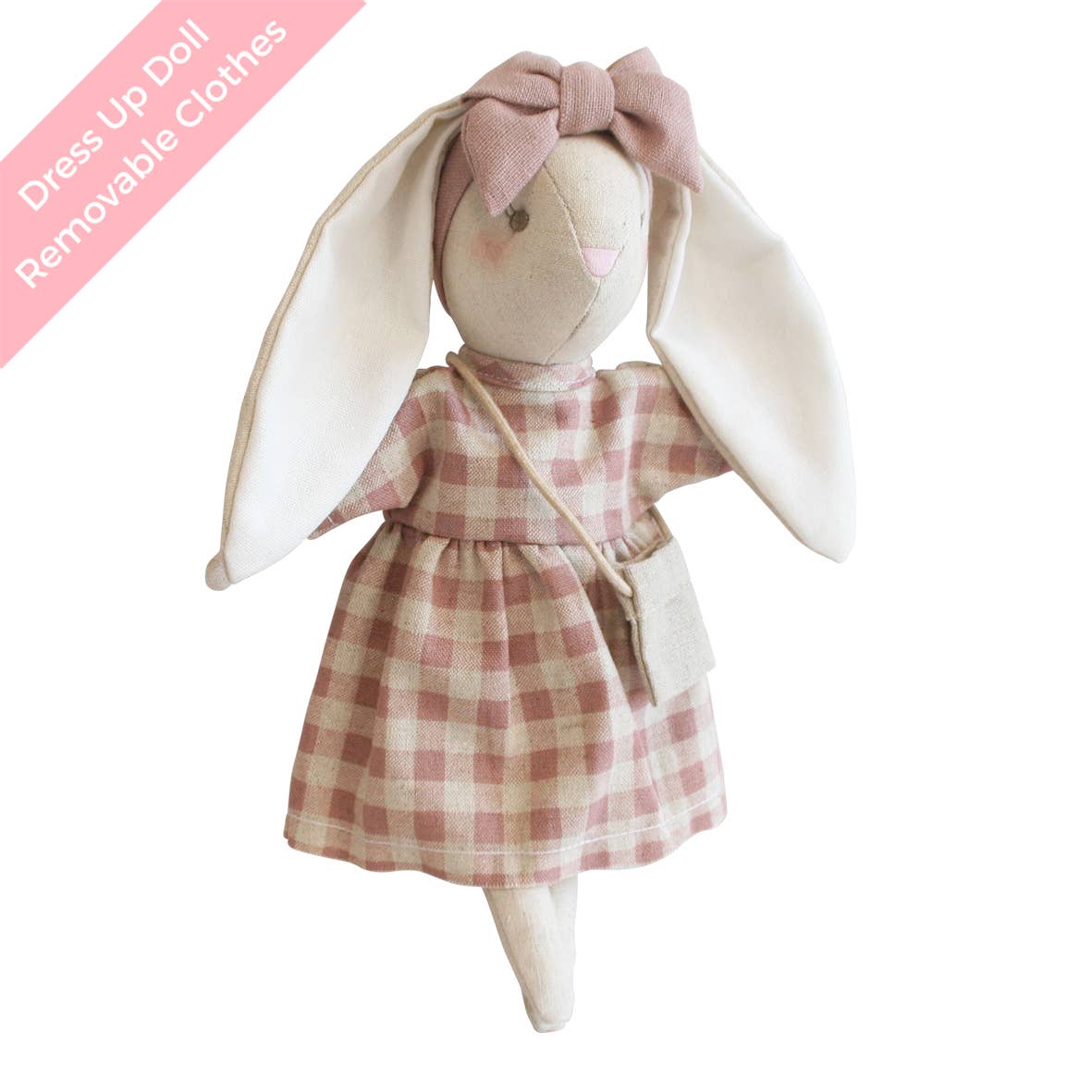 Mini Sofia Bunny in rose check dress sitting upright on white background.