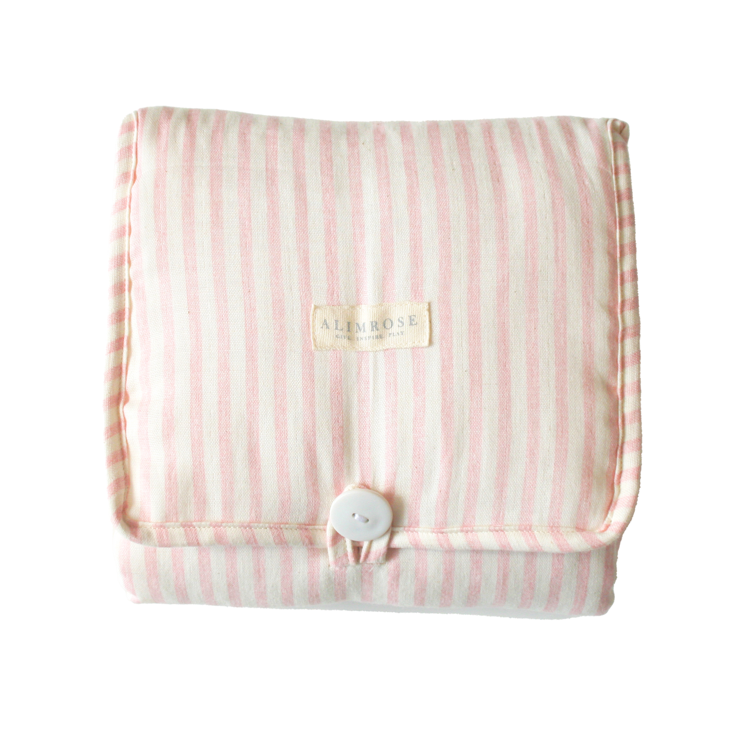 Foldable pink striped quilted change mat displayed flat on a white background.