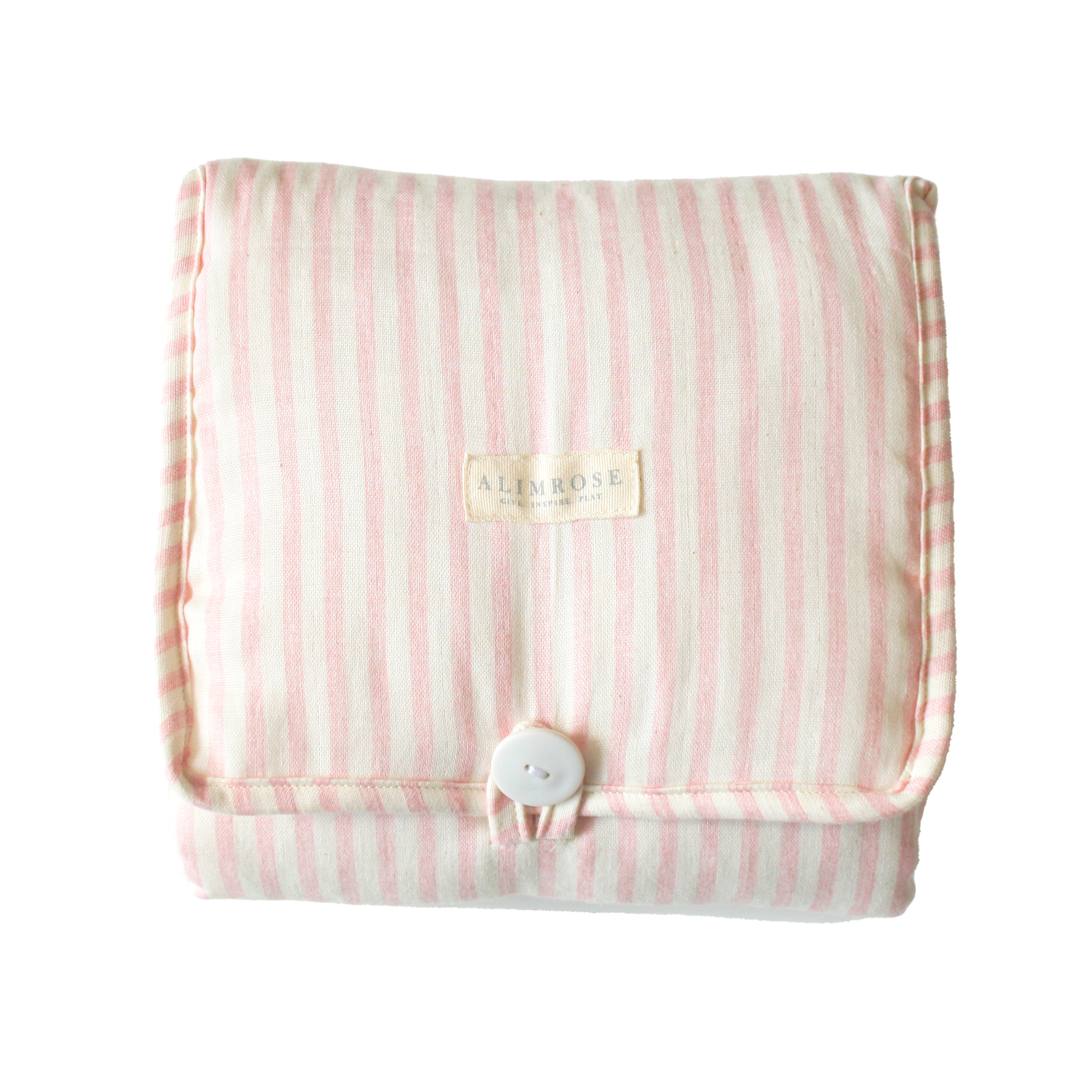 Foldable pink striped quilted change mat displayed flat on a white background.