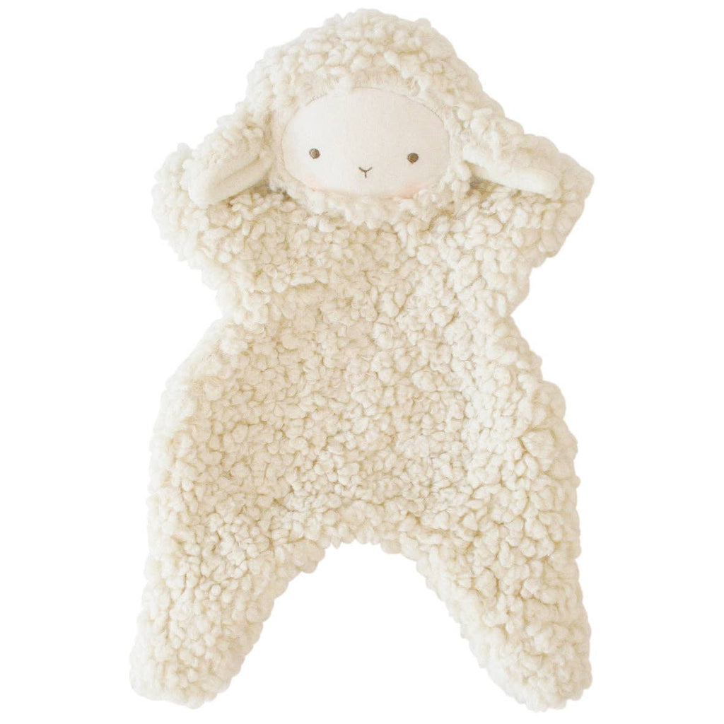 Ivory lamb baby comforter with embroidered face displayed on a white background.