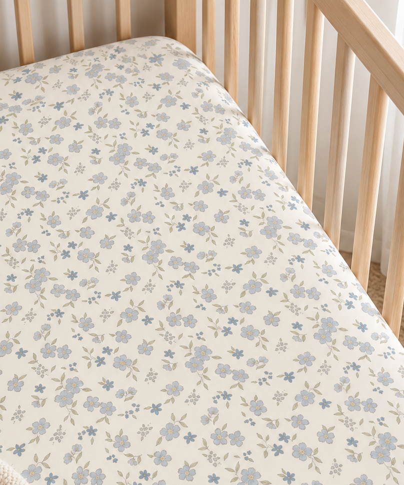 A close-up of a fitted crib mattress cover with a delicate blue and beige floral pattern, shown inside a light wood crib.