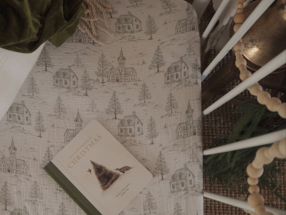 Christmas Toile Organic Muslin Cot Sheet