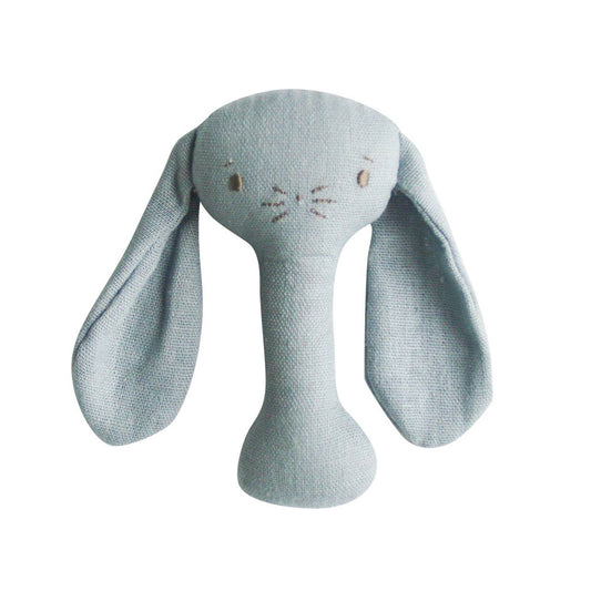 Heirloom-style bunny rattle made from grey linen, perfect newborn sensory toy.