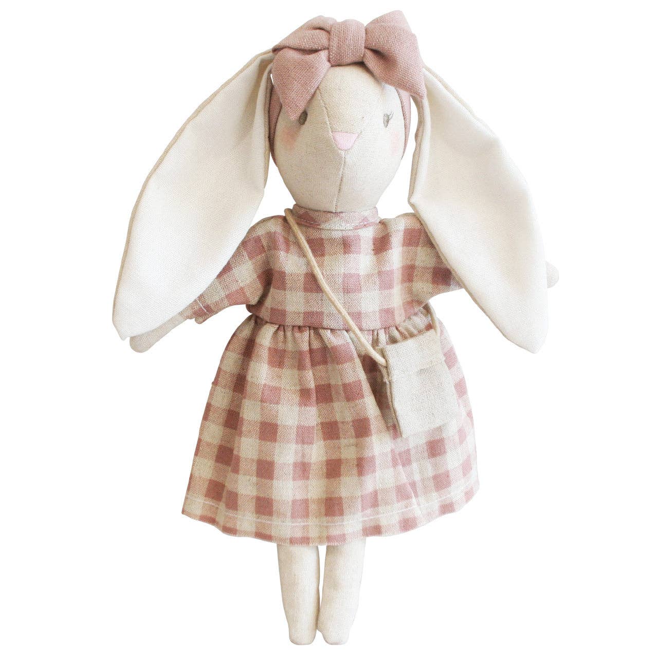 Mini Sofia Bunny in rose check dress sitting upright on white background.